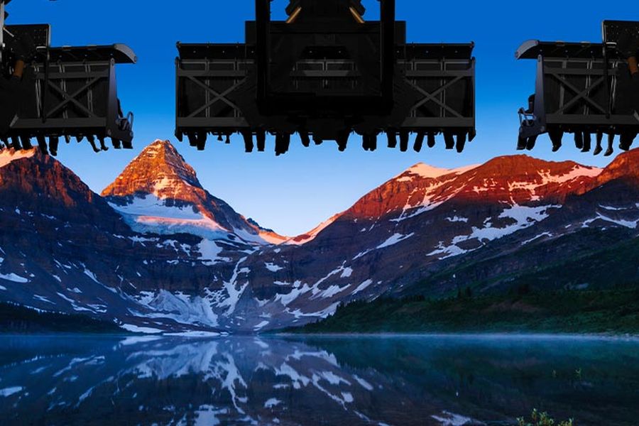 Vooraanzicht van het scherm tijdens de FlyOver Canada excursie in Vancouver in Canada.