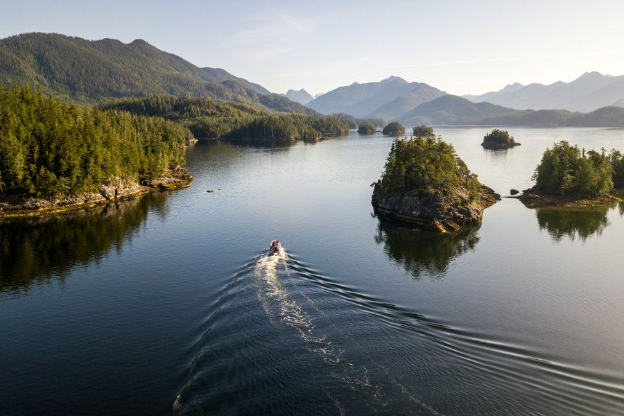 Boot vaart langs de kust van Vancouver Island tijdens een walvis en beer safari in West-Canada.