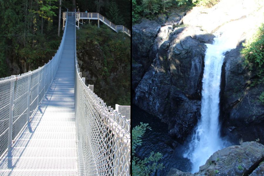 Beelden van Elk Falls en de Suspension Bridge in British Columbia in Canada.