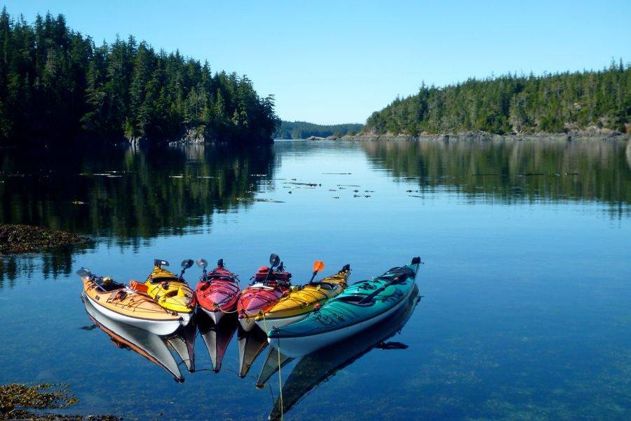 Zes kajaks op het water tijdens een tocht aan de kust van Vancouver Island in British Columbia in Canada.
